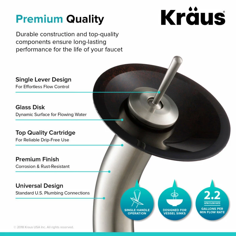 Kraus USA, Inc. Glass Vessel Sink, Bathroom Waterfall Faucet, PU Drain, Mount Ring, Nickel 7 Kraus USA, Inc. Glass Vessel Sink, Bathroom Waterfall Faucet, PU Drain, Mount Ring, Nickel - Image 7