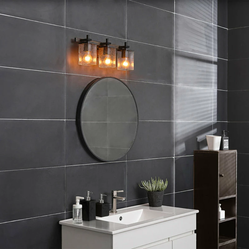 Globe Electric 3-Light Matte Black Vanity Light With Seeded Glass Shades 2 Globe Electric 3-Light Matte Black Vanity Light With Seeded Glass Shades - Image 2