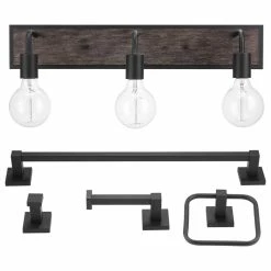 Globe Electric 5-Piece All-In-One Bathroom Set, 3-Light Vanity Light With Seeded Glass Shades