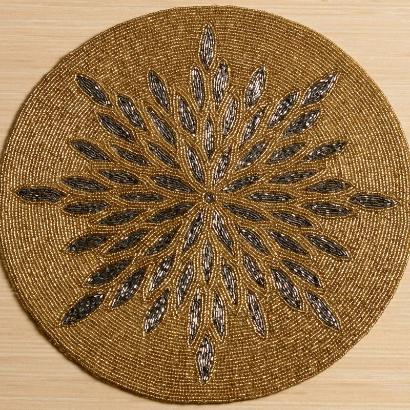 St. Croix 15" Glass Beaded Sunburst Placemat, Gold And Gray 2 St. Croix 15" Glass Beaded Sunburst Placemat, Gold And Gray - Image 2