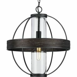 Progress Lighting Terrace 1-Light Matte Black Seeded Glass Global Outdoor Hanging Light