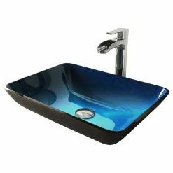 VIGO Rectangular Turquoise Water Glass Vessel Bathroom Sink And Niko Faucet Set