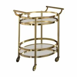 Benzara, Woodland Imprts, The Urban Port Oval Metal Serving Cart, Clear Glass And Gold