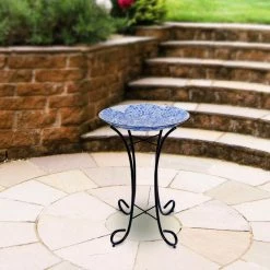 Alpine Corporation 18" Blue Swirl Mosaic Glass Birdbath With Metal Stand
