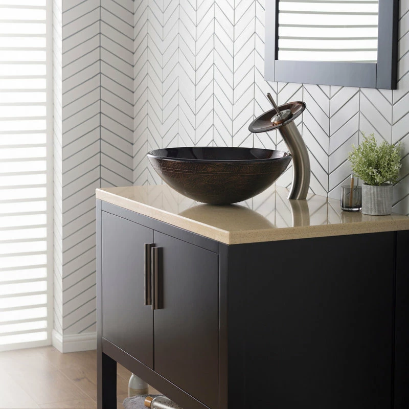 Kraus USA, Inc. Glass Vessel Sink, Bathroom Waterfall Faucet, PU Drain, Mount Ring, Nickel 4 Kraus USA, Inc. Glass Vessel Sink, Bathroom Waterfall Faucet, PU Drain, Mount Ring, Nickel - Image 4