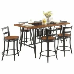 HEFX Furniture 7-Piece Sena Metal Dining Glass Counter Height Table, 6 Swivel Chair Cherry