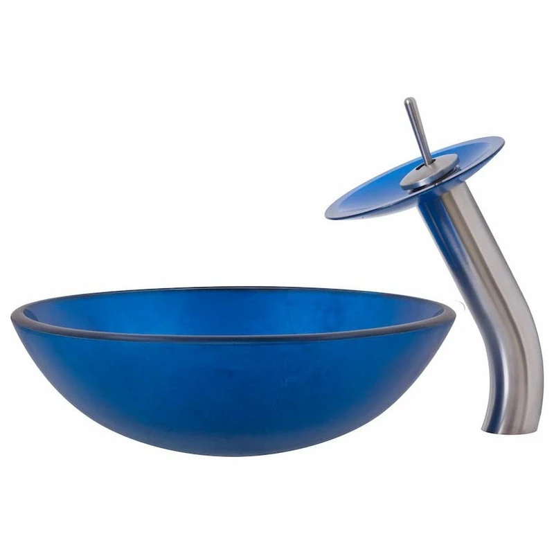 Decor Love Above Counter Bathroom Sink, Unique Glass Bowl & Waterfall Faucet, Blue 2 Decor Love Above Counter Bathroom Sink, Unique Glass Bowl & Waterfall Faucet, Blue - Image 2