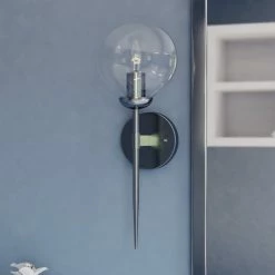 Vaxcel Olson 1 Light Mid-Century Modern Wall Sconce Clear Globe Glass, Satin Nickel