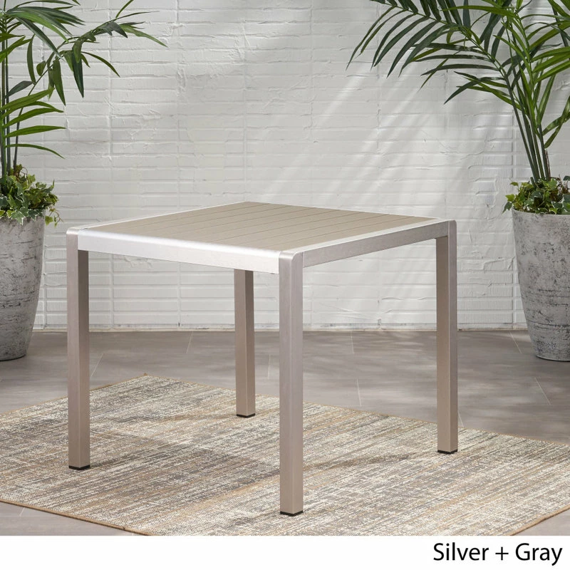 GDFStudio Hallie Outdoor Anodized Aluminum Dining Table With Tempered Glass Table Top, Fau 3 GDFStudio Hallie Outdoor Anodized Aluminum Dining Table With Tempered Glass Table Top, Fau - Image 3