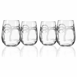 Rolf Glass Palm Tree Stemless Wine Glass, 17 Ounce, Set Of 4