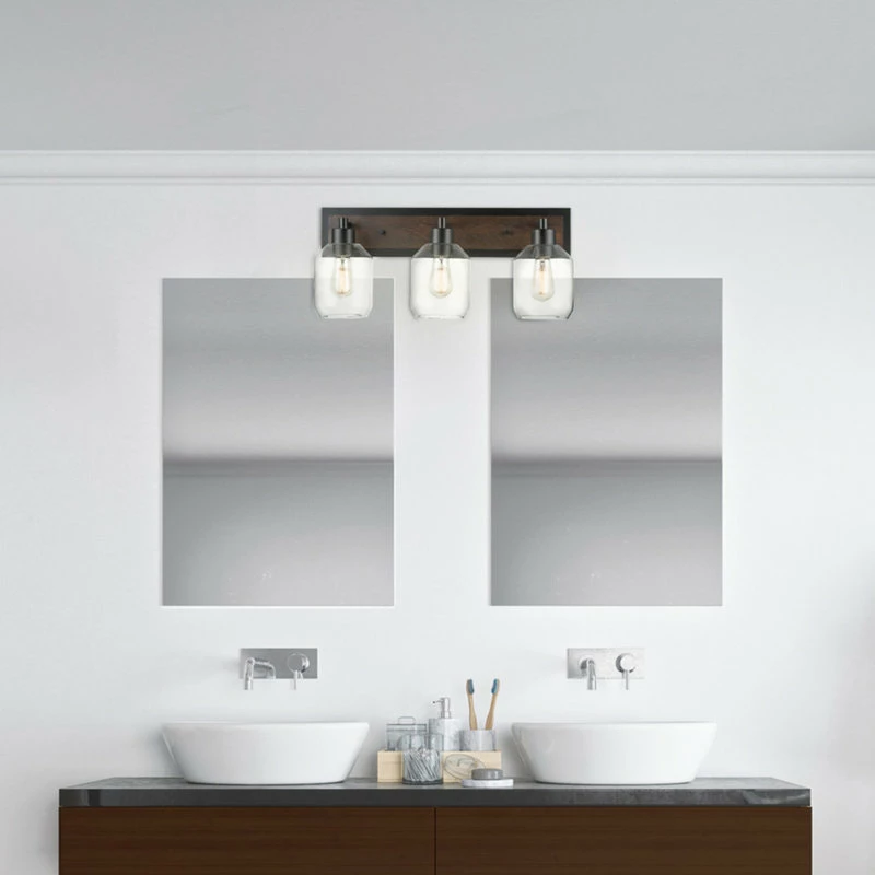 Globe Electric Williamsburg 3-Light Matte Black And Faux Wood Vanity Light, Clear Glass Shades 3 Globe Electric Williamsburg 3-Light Matte Black And Faux Wood Vanity Light, Clear Glass Shades - Image 3