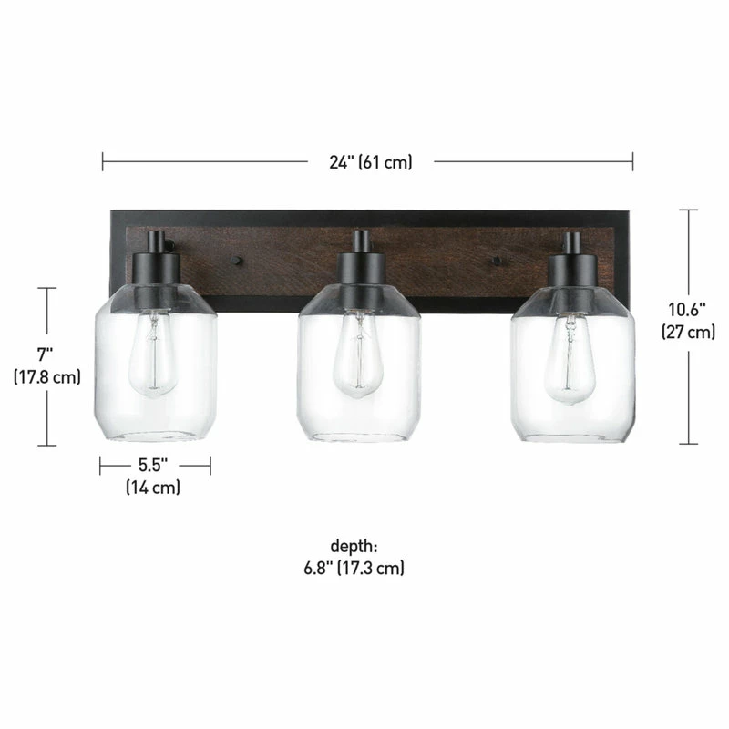 Globe Electric Williamsburg 3-Light Matte Black And Faux Wood Vanity Light, Clear Glass Shades 9 Globe Electric Williamsburg 3-Light Matte Black And Faux Wood Vanity Light, Clear Glass Shades - Image 9