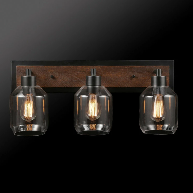 Globe Electric Williamsburg 3-Light Matte Black And Faux Wood Vanity Light, Clear Glass Shades 2 Globe Electric Williamsburg 3-Light Matte Black And Faux Wood Vanity Light, Clear Glass Shades - Image 2