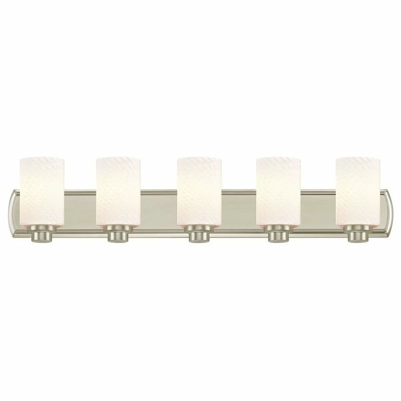 Destination Lighting 5-Light Bath Bar In Satin Nickel With White Cylinder Art Glass 3 Destination Lighting 5-Light Bath Bar In Satin Nickel With White Cylinder Art Glass - Image 3