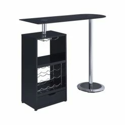 Home Furnishings Bar Table With Wine Bottle Storage And Glass Top, Glossy Black