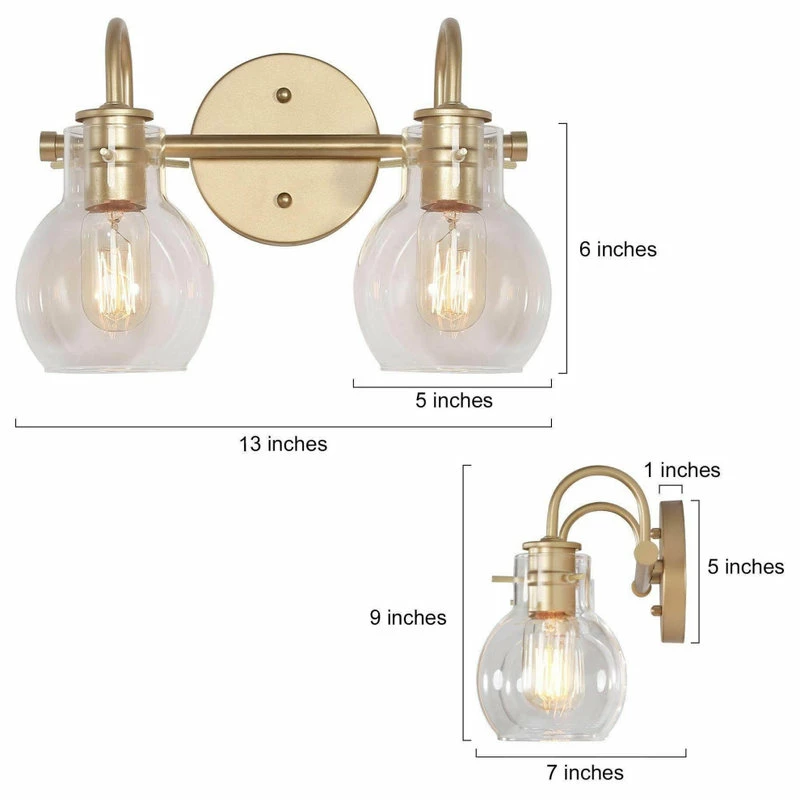 LNC Lighting LNC 2-Light Modern Matte Gold Bell Shade Clear Glass Bathroom Vanity Light 2 LNC Lighting LNC 2-Light Modern Matte Gold Bell Shade Clear Glass Bathroom Vanity Light - Image 2