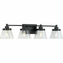 Progress Lighting Hinton 4-Light Black Clear Seeded Glass Farmhouse Bath Vanity Light