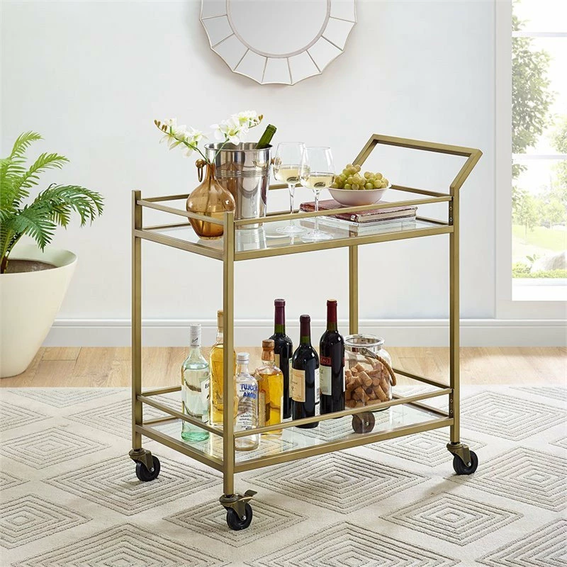 Crosley Aimee 2 Tier Glass Top Bar Cart In Antique Gold 2 Crosley Aimee 2 Tier Glass Top Bar Cart In Antique Gold - Image 2