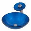 Decor Love Above Counter Bathroom Sink, Unique Glass Bowl & Waterfall Faucet, Blue