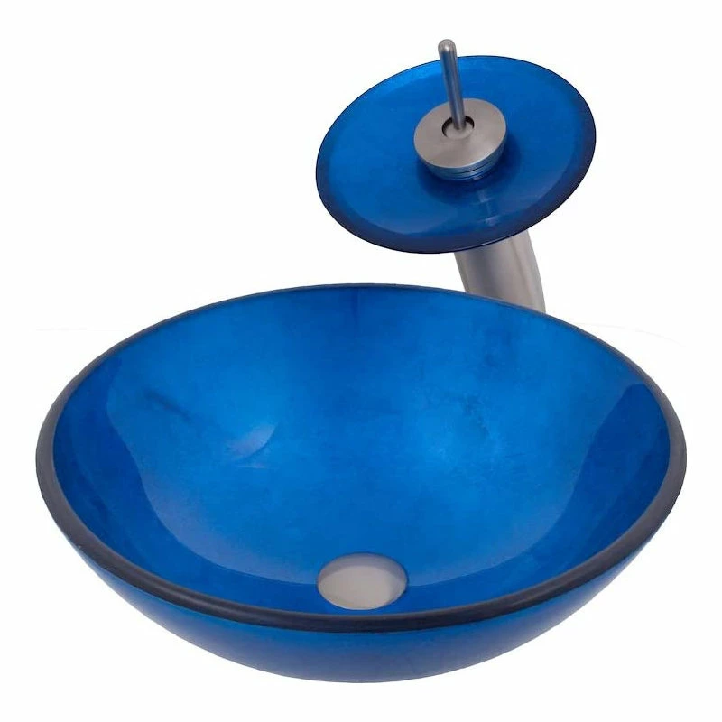 Decor Love Above Counter Bathroom Sink, Unique Glass Bowl & Waterfall Faucet, Blue 1 Decor Love Above Counter Bathroom Sink, Unique Glass Bowl & Waterfall Faucet, Blue