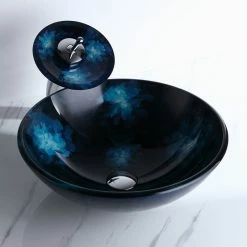 HOMARY Dark Blue Tempered Glass Circular Vessel Sink Waterfall Faucet Set Pop-Up Drain -home bar shop 2eb1dc3e01937e57 3871 w800 h800 b0 p0