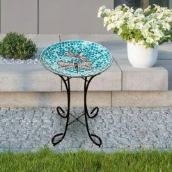 Alpine Corporation 24" Tall Outdoor Mosaic Dragonfly Glass Birdbath Bowl With Metal Stand
