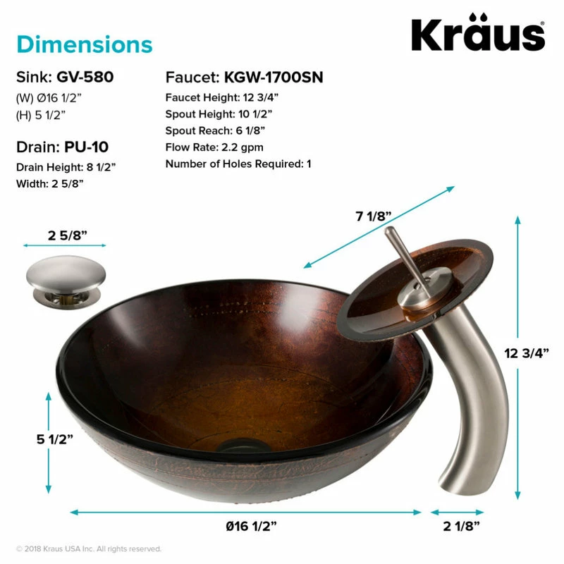 Kraus USA, Inc. Glass Vessel Sink, Bathroom Waterfall Faucet, PU Drain, Mount Ring, Nickel 3 Kraus USA, Inc. Glass Vessel Sink, Bathroom Waterfall Faucet, PU Drain, Mount Ring, Nickel - Image 3