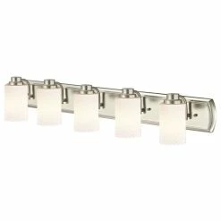 Destination Lighting 5-Light Bath Bar In Satin Nickel With White Cylinder Art Glass