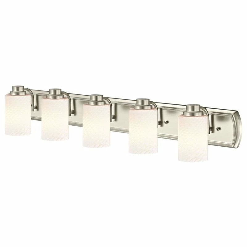 Destination Lighting 5-Light Bath Bar In Satin Nickel With White Cylinder Art Glass 1 Destination Lighting 5-Light Bath Bar In Satin Nickel With White Cylinder Art Glass