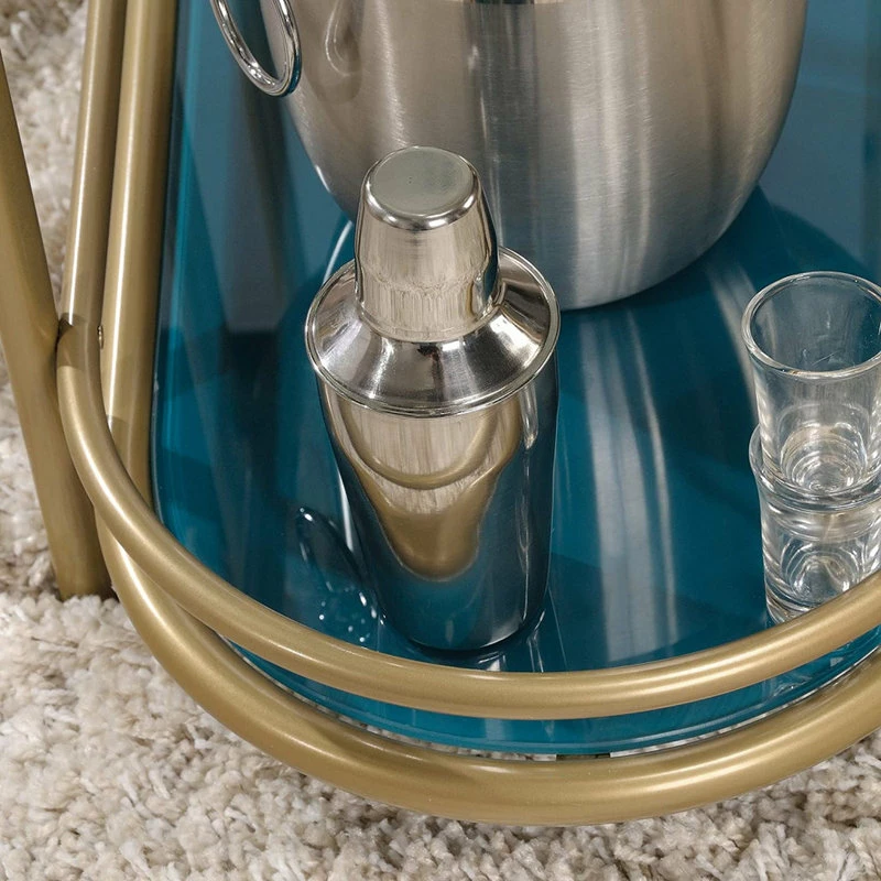 Decor Love Contemporary Bar Cart, Golden Frame And Banana Leaf Patterned Middle Glass Shelf 5 Decor Love Contemporary Bar Cart, Golden Frame And Banana Leaf Patterned Middle Glass Shelf - Image 5