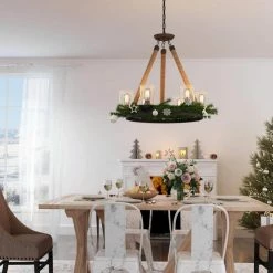 LNC Lighting LNC 6-Light Farmhouse Wagon Wheel Wood And Glass Shade Chandelier, A02992 -home bar shop 3861384e03219733 9943 w800 h800 b0 p0