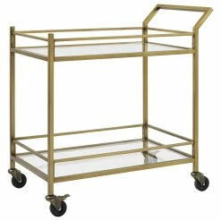 Decor Love Mid Century Bar Cart, Antique Gold Metal Frame With Glass Top And Lower Shelf