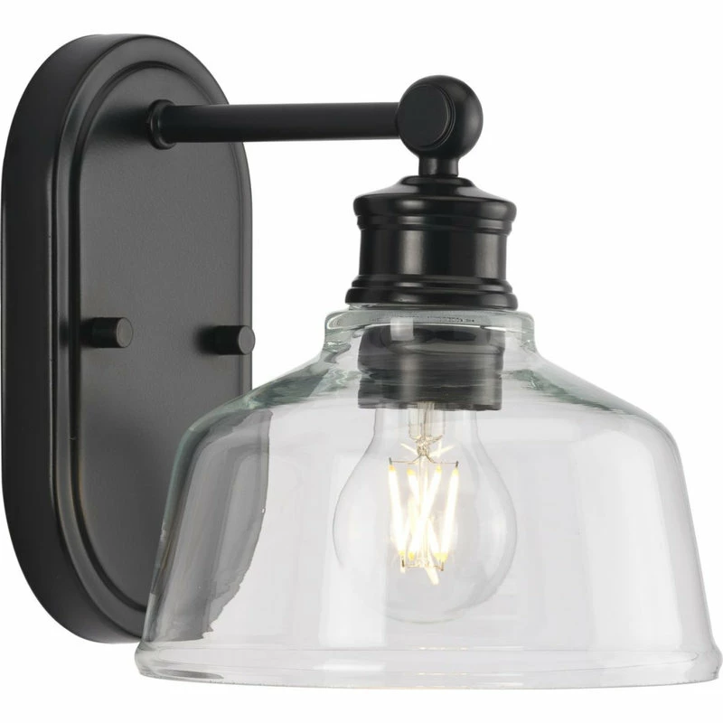 Progress Lighting Singleton 1-Light 7.62" Matte Black Farmhouse Vanity Light, Clear Glass Shade 1 Progress Lighting Singleton 1-Light 7.62" Matte Black Farmhouse Vanity Light, Clear Glass Shade