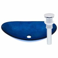 Novatto Azzurro Glass Vessel Sink And Drain, Chrome