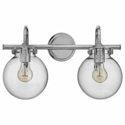 A Touch Of Design Steel Bathroom Vanity Light With 2 Clear Glass Globe Shades, Satin Nickel Finish