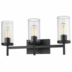 Golden Lighting Winslett 3 Light Bath Vanity, Matte Black With Ribbed Clear Glass
