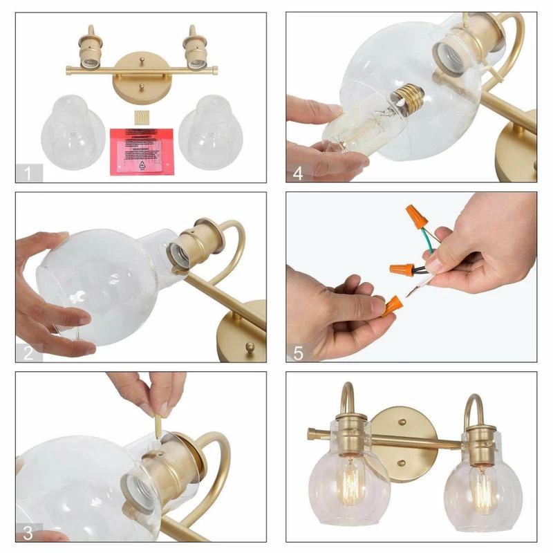 LNC Lighting LNC 2-Light Modern Matte Gold Bell Shade Clear Glass Bathroom Vanity Light 11 LNC Lighting LNC 2-Light Modern Matte Gold Bell Shade Clear Glass Bathroom Vanity Light - Image 11