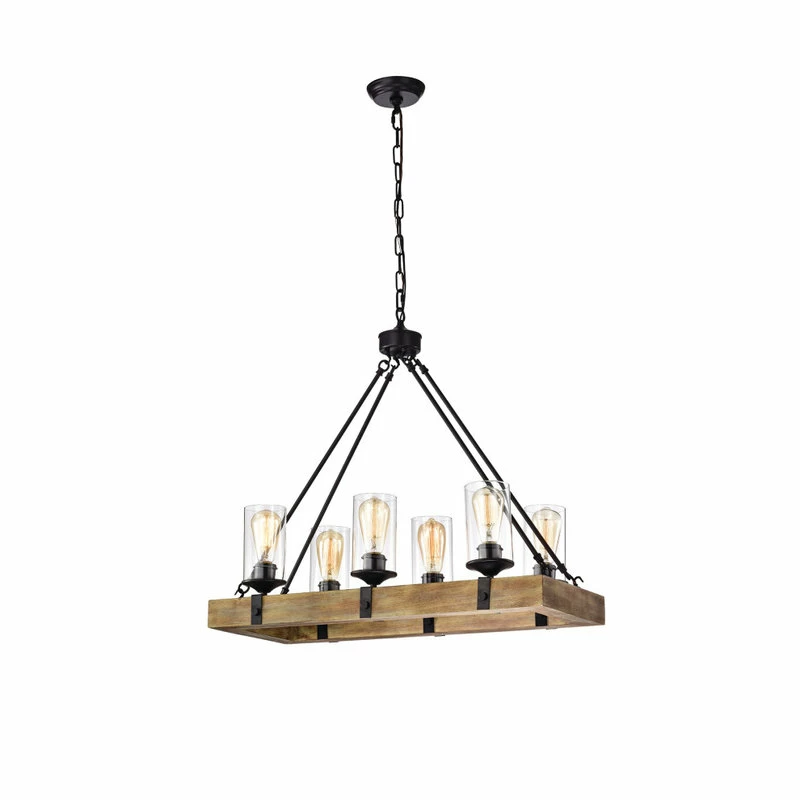Edvivi Lighting 6-Light Matte Black And Vintage Wood Farmhouse Linear Chandelier Clear Glass 8 Edvivi Lighting 6-Light Matte Black And Vintage Wood Farmhouse Linear Chandelier Clear Glass - Image 8