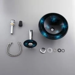 HOMARY Dark Blue Tempered Glass Circular Vessel Sink Waterfall Faucet Set Pop-Up Drain -home bar shop 43d1792501937e6f 3871 w800 h800 b0 p0