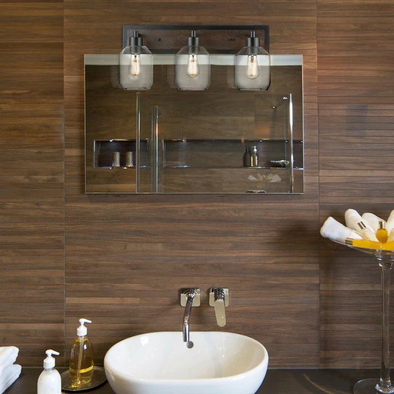 Globe Electric Williamsburg 3-Light Matte Black And Faux Wood Vanity Light, Clear Glass Shades 5 Globe Electric Williamsburg 3-Light Matte Black And Faux Wood Vanity Light, Clear Glass Shades - Image 5
