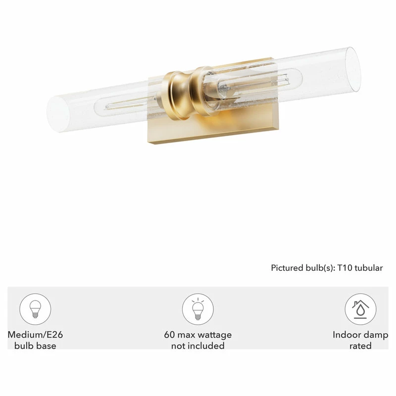 Hunter Fan Company Lenlock Alturas Gold, Clear Seeded Glass Glass 2 Light Vanity Wall Light 5 Hunter Fan Company Lenlock Alturas Gold, Clear Seeded Glass Glass 2 Light Vanity Wall Light - Image 5