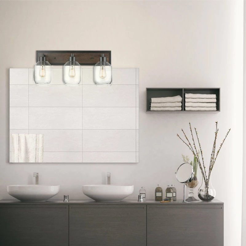 Globe Electric Williamsburg 3-Light Matte Black And Faux Wood Vanity Light, Clear Glass Shades 6 Globe Electric Williamsburg 3-Light Matte Black And Faux Wood Vanity Light, Clear Glass Shades - Image 6