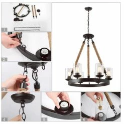 LNC Lighting LNC 6-Light Farmhouse Wagon Wheel Wood And Glass Shade Chandelier, A02992 -home bar shop 48a123e80321972d 9943 w800 h800 b1 p0