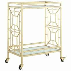 Inspired Home Ambrocio Bar Cart, Casters/2 Locking, Glass Shelves, Gold/White