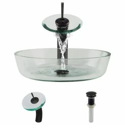 Rene R5-5024-WF 16-1/2" Glass Vessel Bathroom Sink - Clear / Antique Bronze