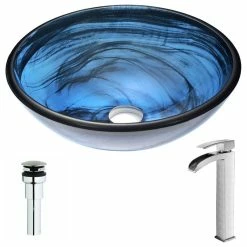 ANZZI Soave Series Deco-Glass Vessel Sink With Key Faucet, Polished Chrome