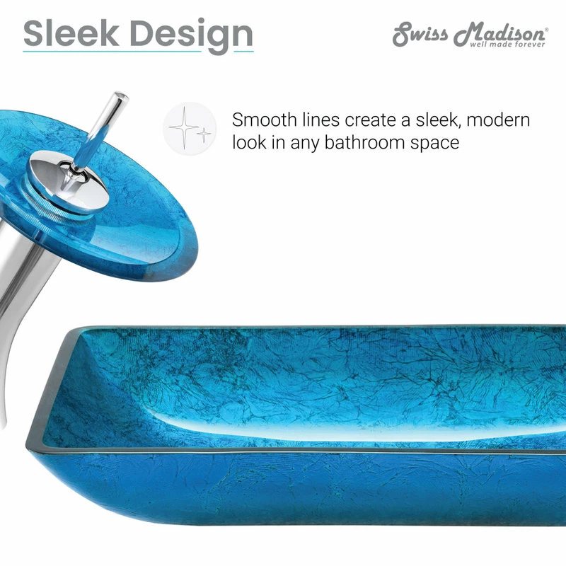 Swiss Madison Cascade Rectangular Glass Vessel Sink With Faucet, Ocean Blue 11 Swiss Madison Cascade Rectangular Glass Vessel Sink With Faucet, Ocean Blue - Image 11