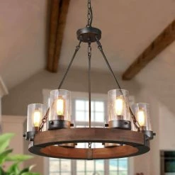 LNC Lighting LNC 6-Light Farmhouse Wagon Wheel Wood And Seeded Glass Shade Chandelier -home bar shop 4dd13df2034d27bb 9929 w800 h800 b0 p0