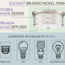 Kira Home Sienna Metal Drum Ceiling Light, Glass Diffuser, Brushed Nickel, Flush -home bar shop 4ea11fdc00d25a40 9026 w800 h800 b0 p0