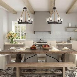 LNC Lighting LNC 6-Light Farmhouse Wagon Wheel Wood And Glass Shade Chandelier, A02992 -home bar shop 52518a0003219731 9943 w800 h800 b0 p0